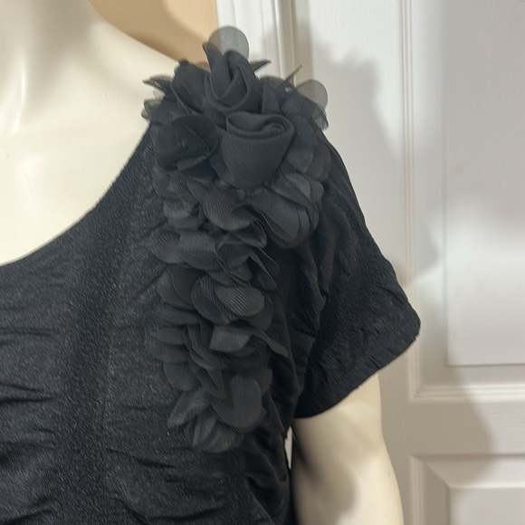 BLACK RUCHED TUNIC MINI DRESS WITH POCKETS ELEGANT CHIC - Picture 6 of 7